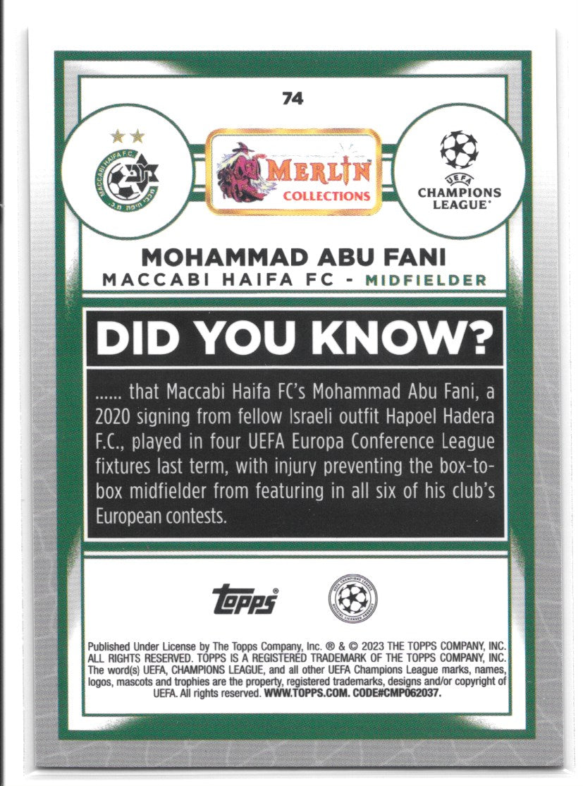 Mohammad Abu Fani (Maccabi Haifa FC) Aqua Prism Refractor RC Topps Merlin Chrome UCC 22-23