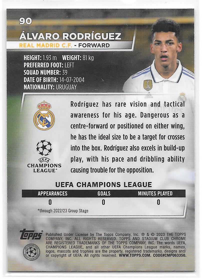 Alvaro Rodriguez (Real Madrid CF) Blue Prism Refractor RC Topps Stadium Club Chrome 22-23