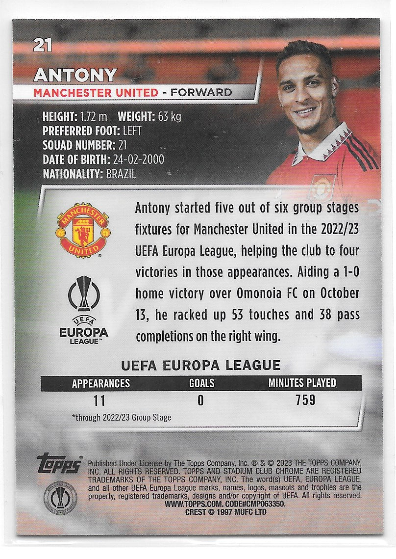 Antony (Manchester United) Blue Prism Refractor Topps Stadium Club Chrome 22-23