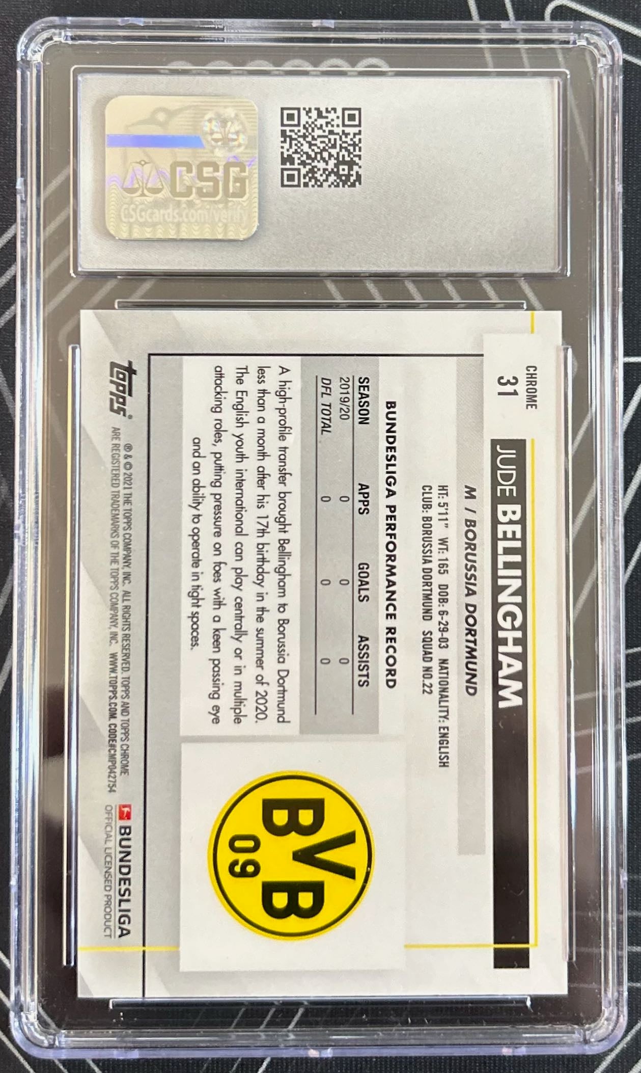 Jude Bellingham (Borussia Dortmund) Rookie Card RC Topps Chrome Bundesliga 20-21 CSG 9.5
