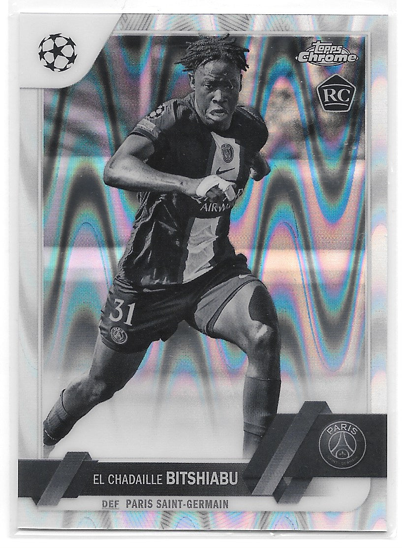 El Chadaille Bitshiabu (PSG) Black & White Ray Wave RC Topps Chrome UEFA Club Competitions 22-23