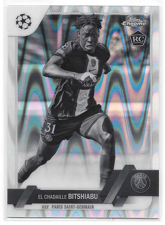 El Chadaille Bitshiabu (PSG) Black & White Ray Wave RC Topps Chrome UEFA Club Competitions 22-23