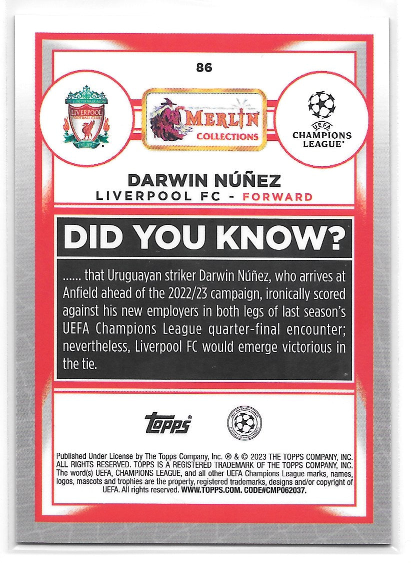 Darwin Nuñez (Liverpool FC) Blue Refractor /75 Topps Merlin Chrome UCC 22-23