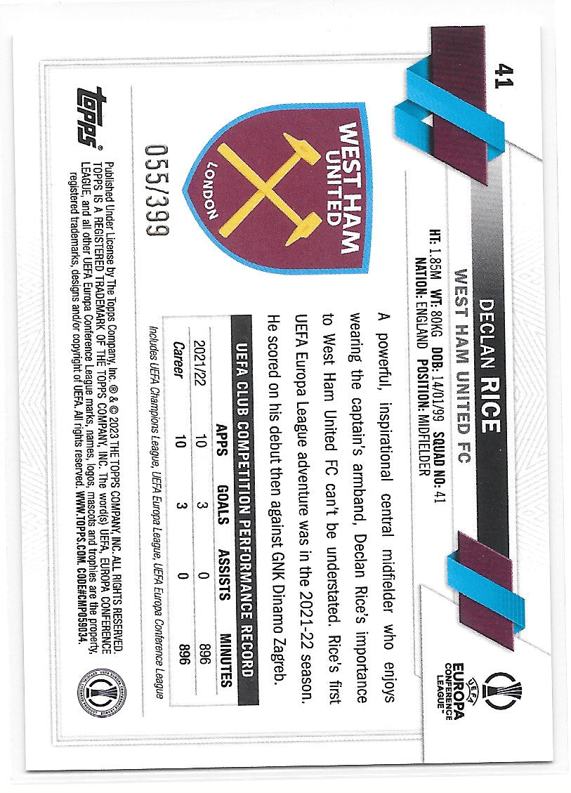 Declan Rice (West Ham United) Icy Aqua Foil /399 Topps UCC Flagship 22-23