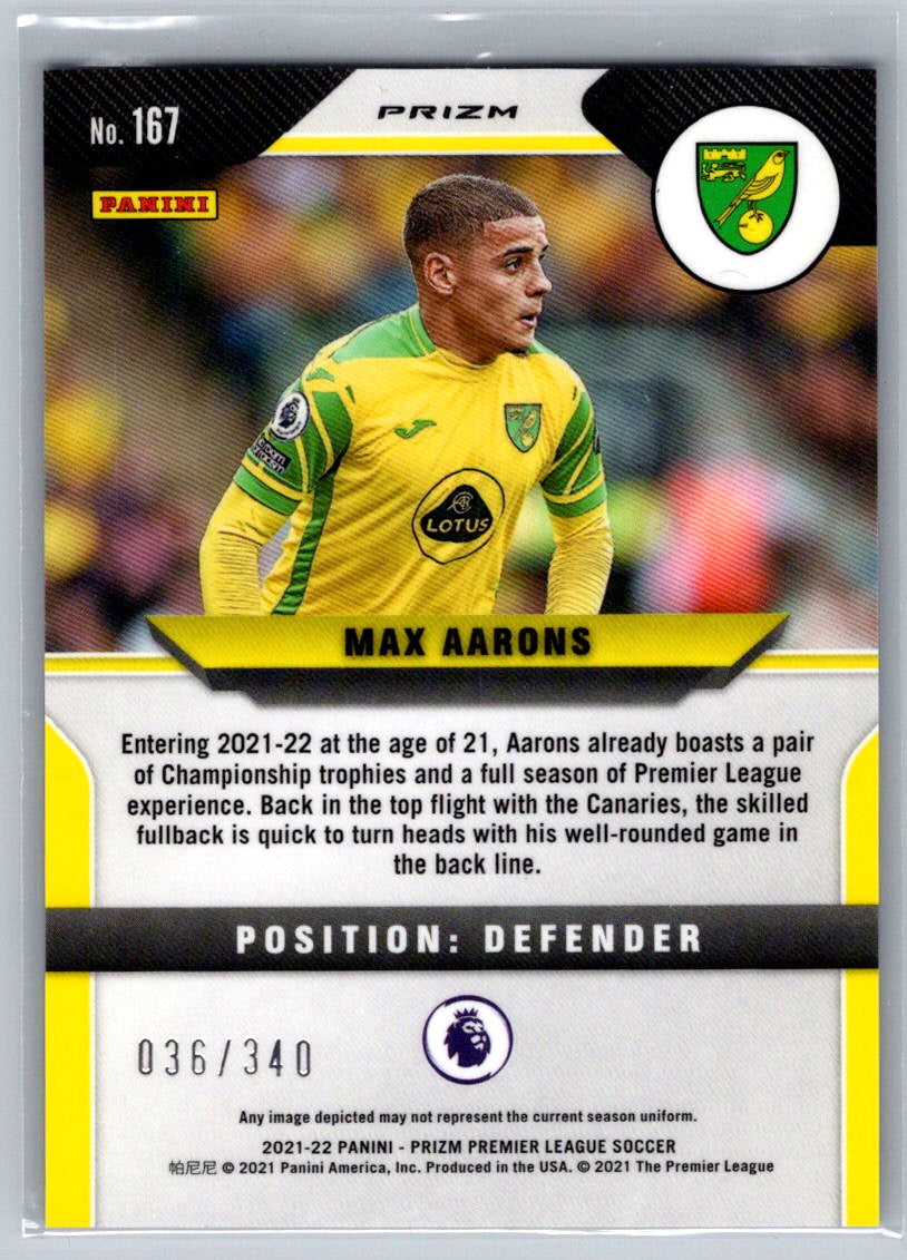 Max Aarons (Norwich City) Blue Prizm /340 Panini Prizm Premier League 21-22