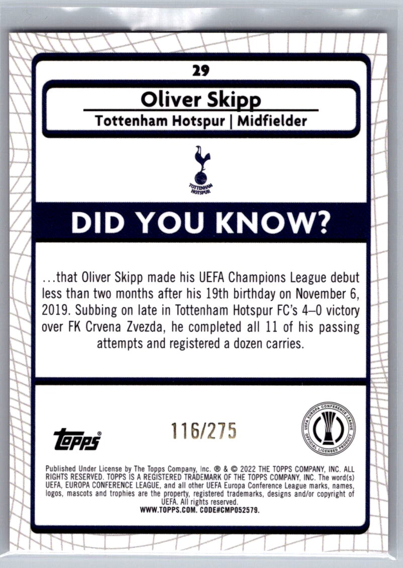 Olver Skipp (Tottenham Hotspur) Pink Mojo Refractor /275 RC Topps Merlin Chrome UCC 21-22