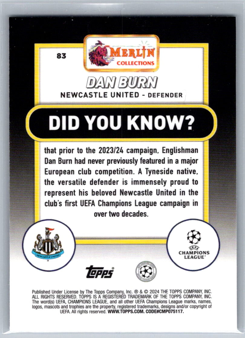 Dan Burn (Newcastle United) Speckle Refractor /150 Topps Merlin UCC 23-24