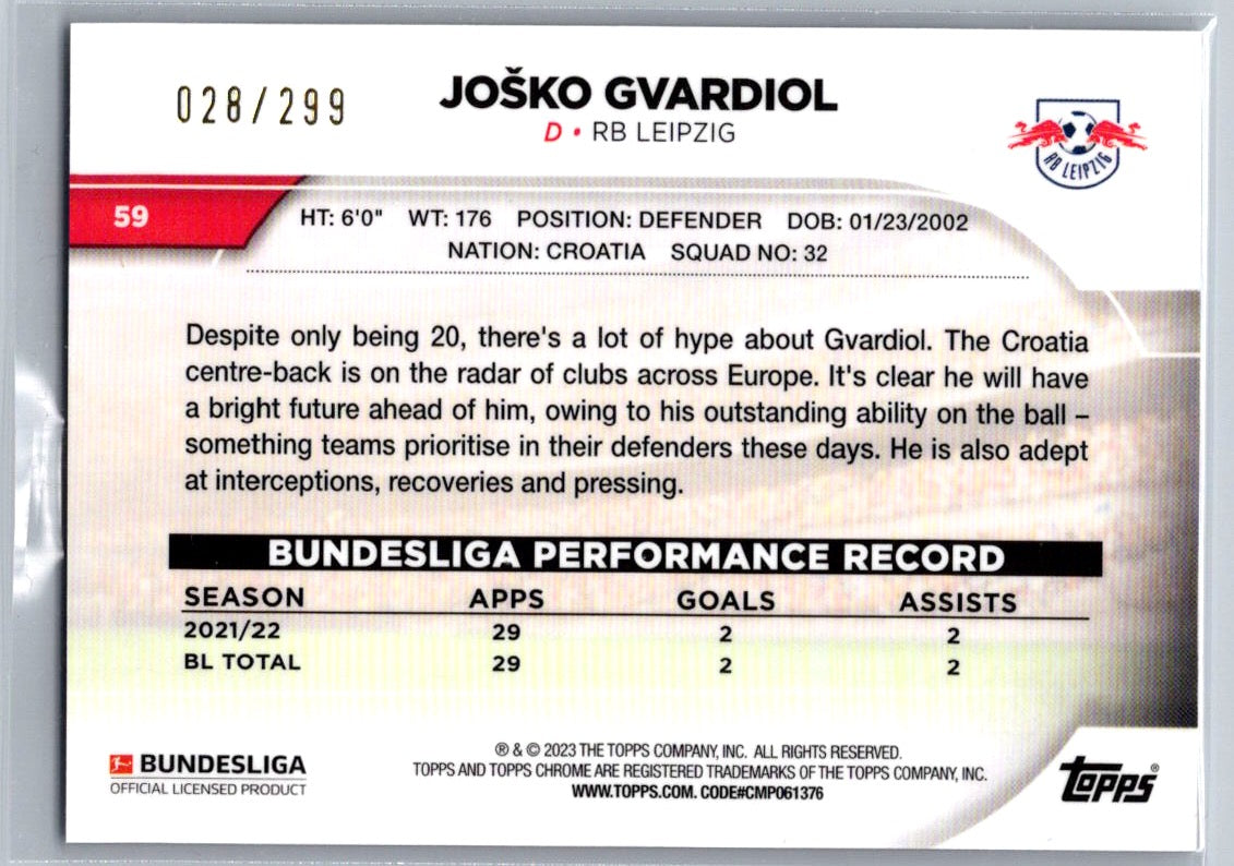 Josko Gvardiol (RB Leipzig) Purple Refractor /299 Topps Chrome Bundesliga 22-23