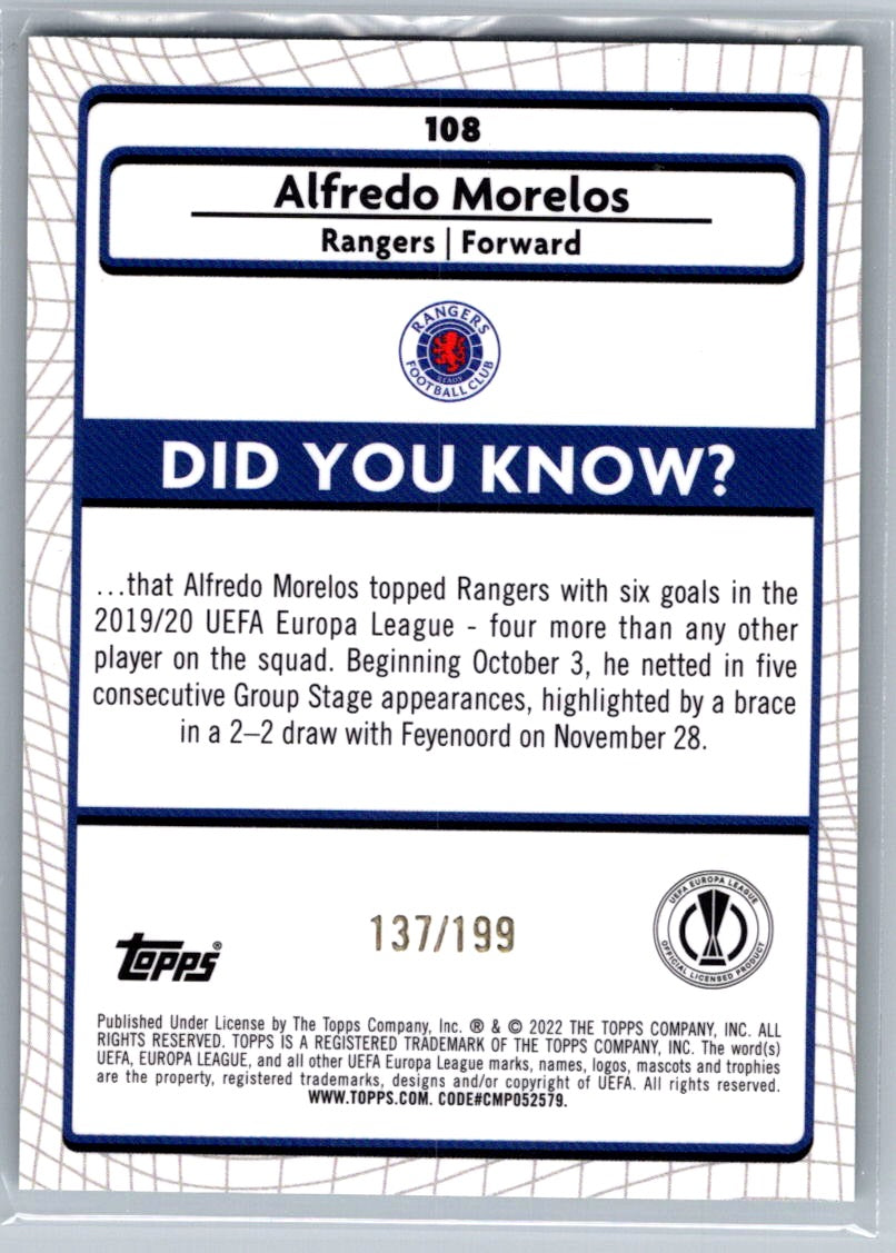Alfredo Morelos (Rangers) Aqua Speckle Refractor /199 Topps Merlin Chrome UEFA 2021-22