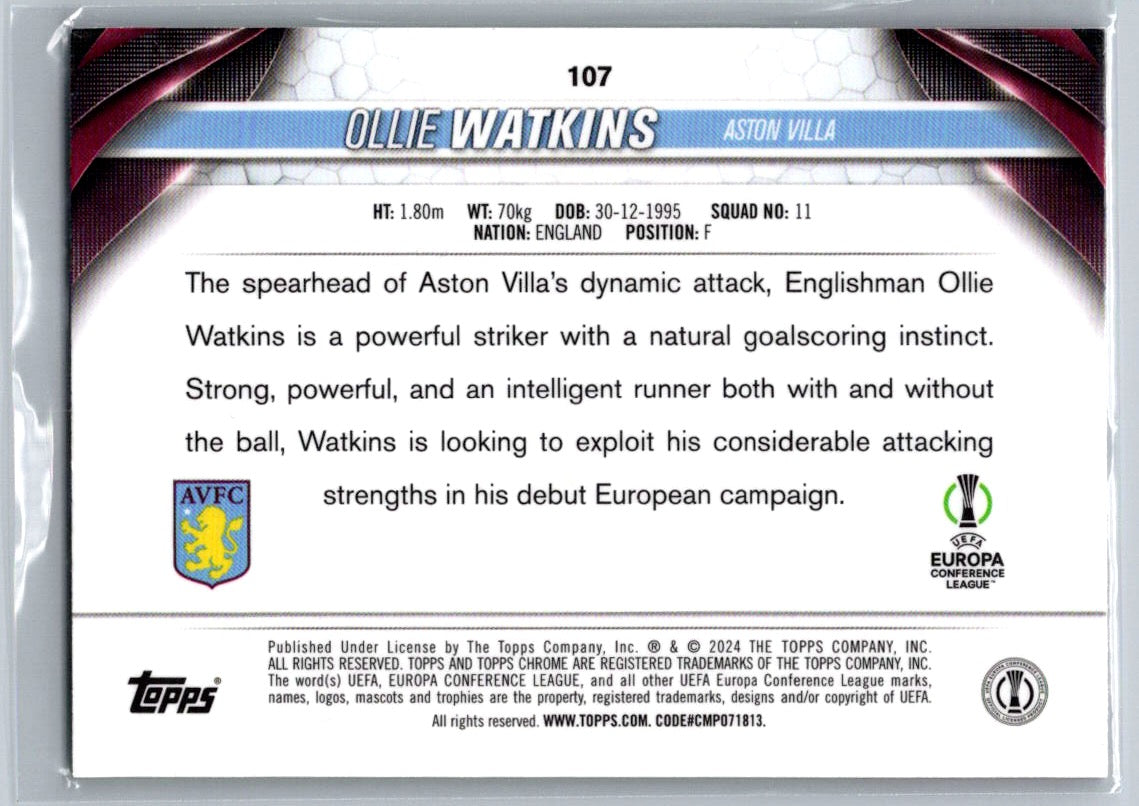 Ollie Watkins (Aston Villa) Neon Green Wave Refractor /399 Topps Chrome UCC 23-24