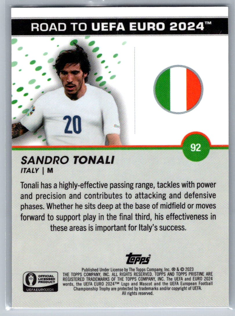 Sandro Tonali (Italy) Blue Refractor /75 Topps Pristine Road to Euro 2024