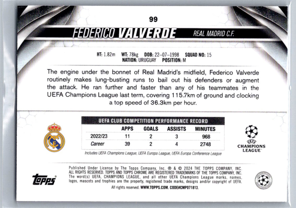 Federico Valverde (Real Madrid) Violet Speckle Refractor /299 Topps Chrome UCC 23-24