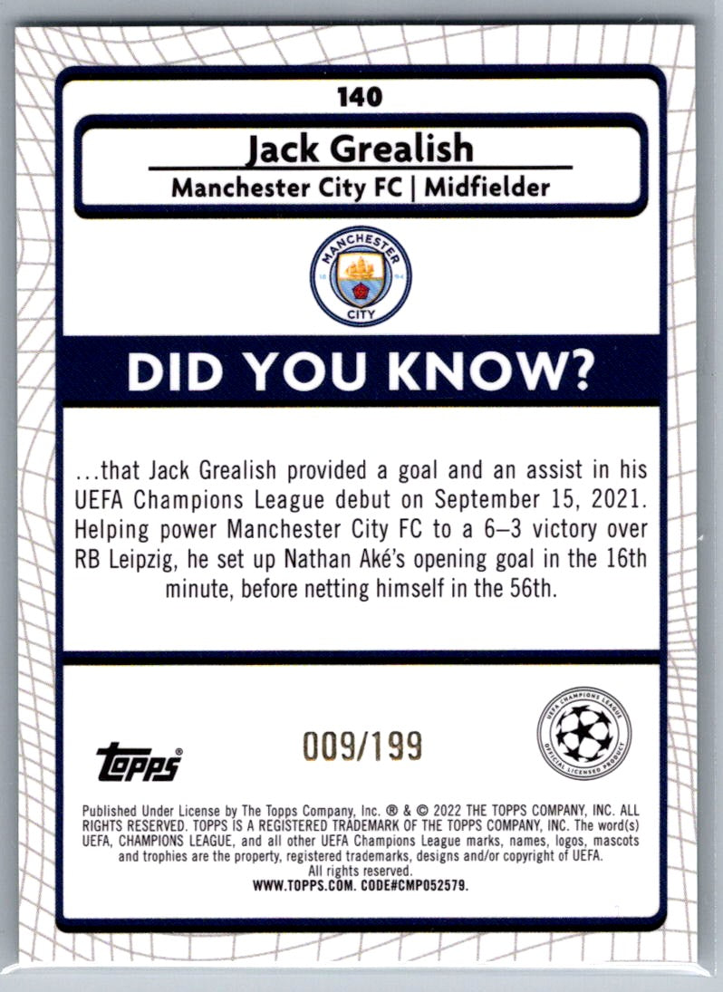 Jack Grealish (Manchester City) Aqua Speckle Refractor /199 Topps Merlin Chrome UCC 21-22