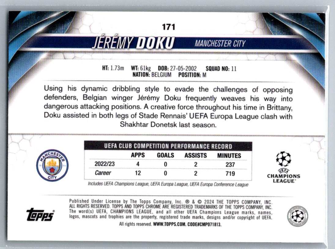 Jeremy Doku (Manchester City) Green Refractor /75 Topps Chrome UCC 23-24