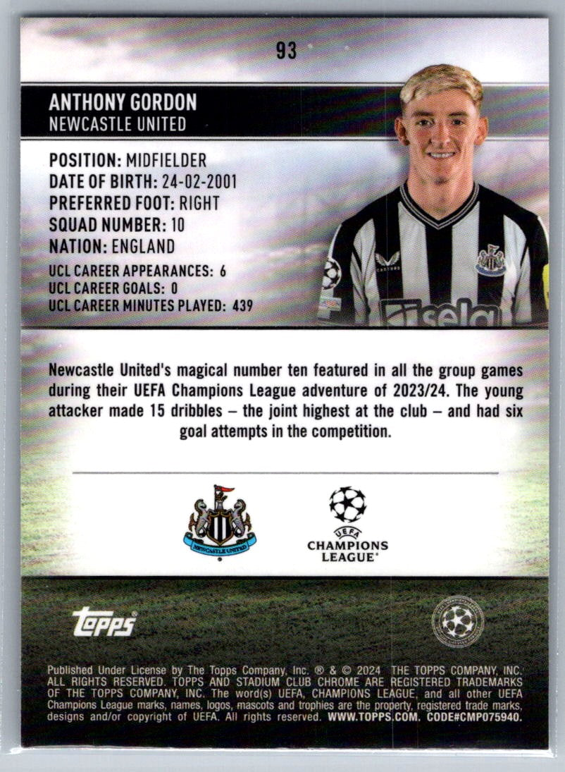 Anthony Gordon (Newcastle United) Black & White Refractor /299 Topps Stadium Club Chrome UCL 23-24