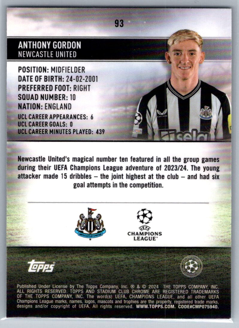 Anthony Gordon (Newcastle United) Green Refractor /150 Topps Stadium Club Chrome UCL 23-24