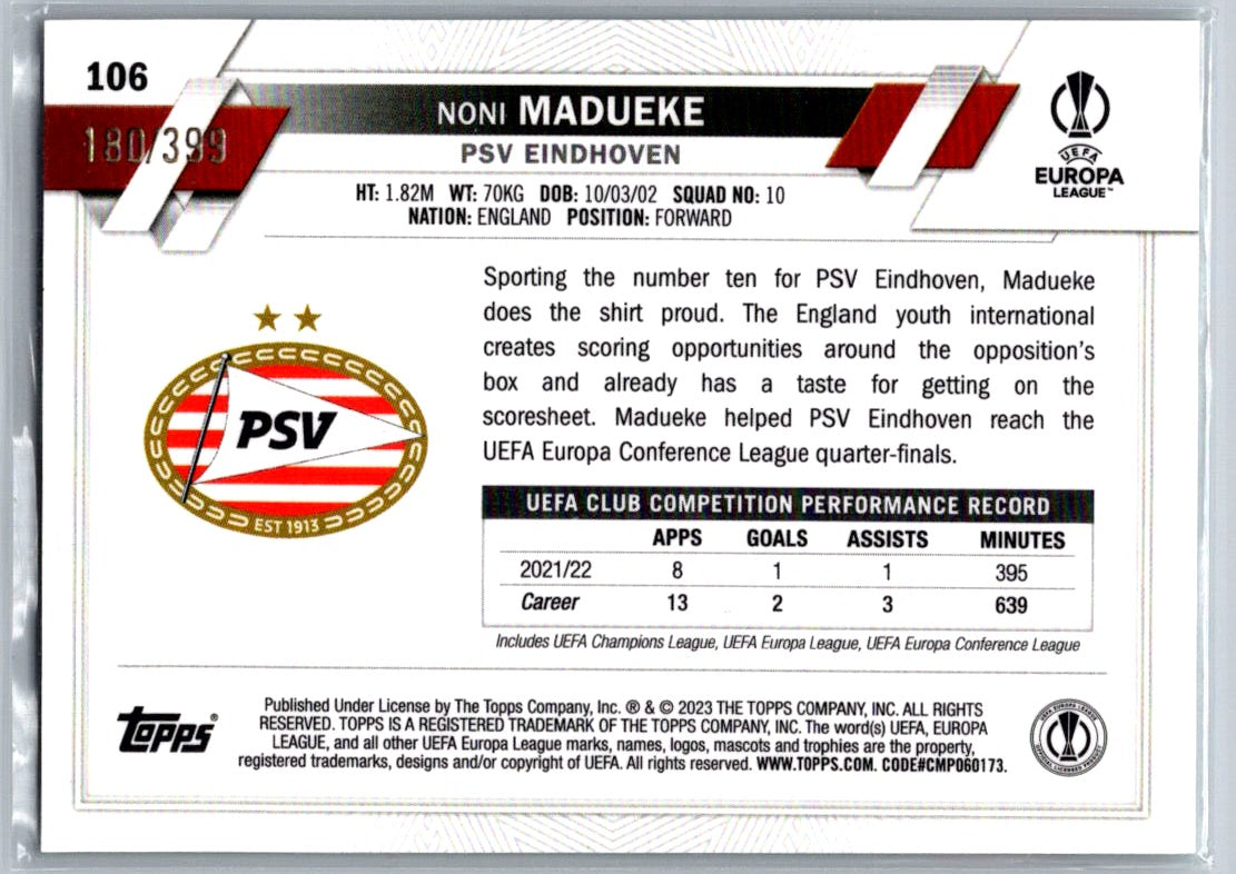 Noni Madueke (PSV Eindhoven) Neon Green Shimmer /399 Topps Chrome UCC 22-23