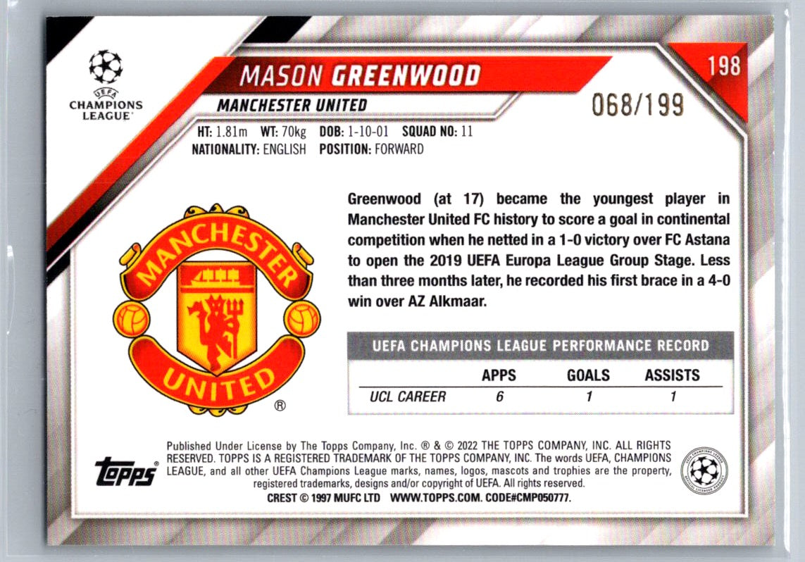 Mason Greenwood (Manchester United) Neon Green Foil /199 Topps UCL Flagship 21-22