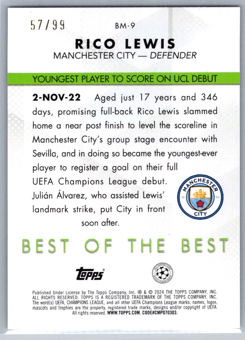 Rico Lewis (Manchester City) Best of the Best Icy Blue Foilboard /99 Topps UCC Flagship 23-24