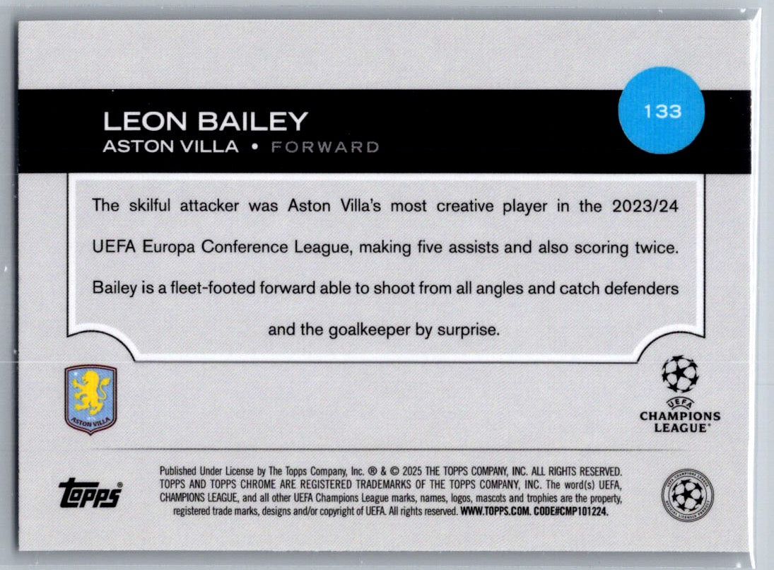 Leon Bailey (Aston Villa) Night Vision Ray Wave /225 Topps Chrome UCC 24-25