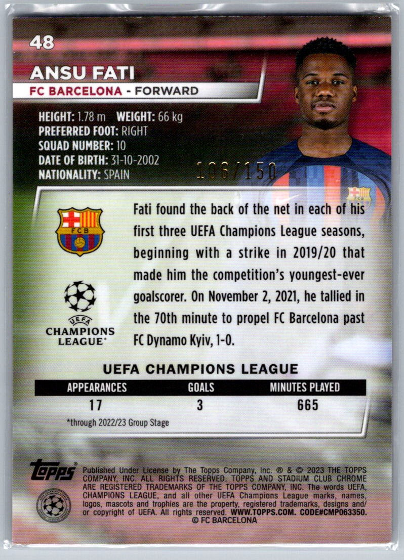 Ansu Fati (Barcelona) Pink Wave Refractor /150 Topps Stadium Club Chrome UCC 22-23