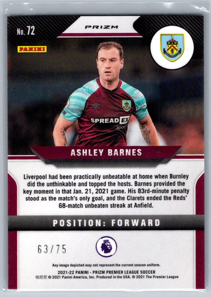 Ashley Barnes (Burnley) Blue Ice Prizm /75 Panini Prizm Premier League 21-22
