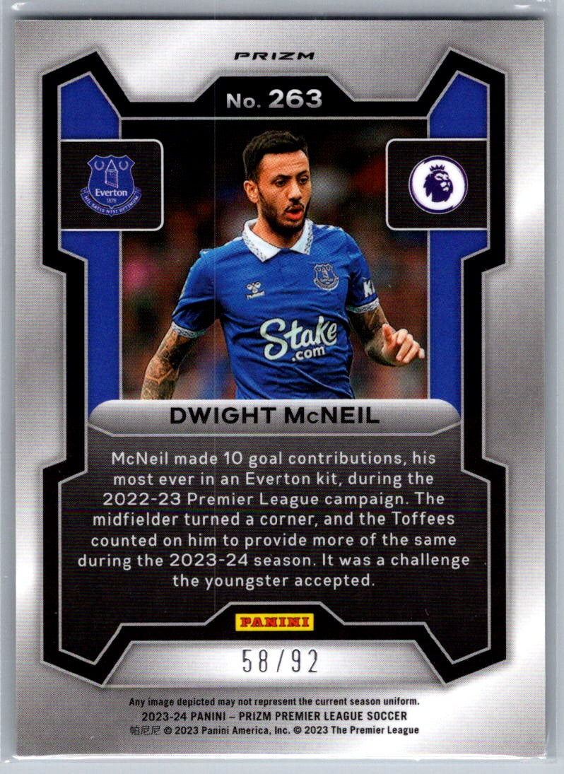 Dwight McNeil (Everton) Purple & White Stripes /92 Panini Prizm Premier League 23-24