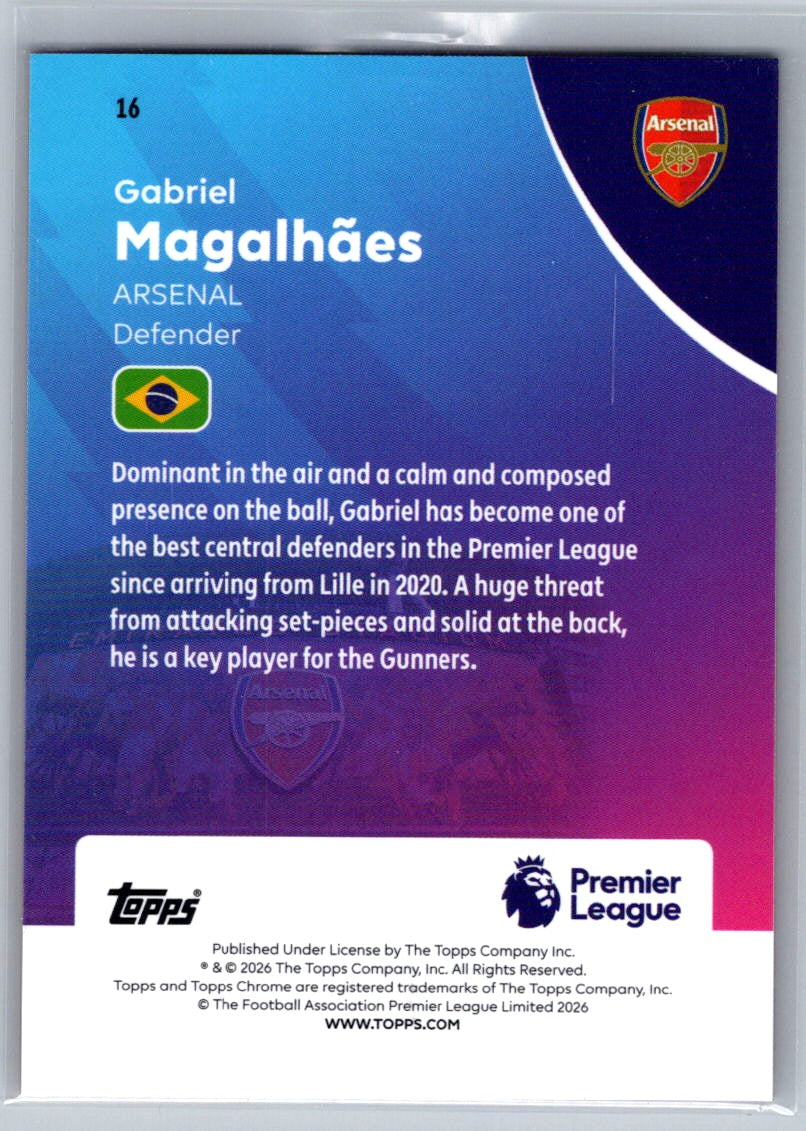 Gabriel Magalhaes (Arsenal) Pink Refractor /250 Topps Chrome Premier League 2025-26