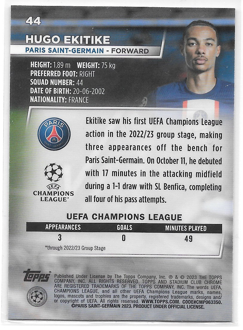 Hugo Ekitike (PSG) Blue Prism Refractor RC Topps Stadium Club Chrome 22-23