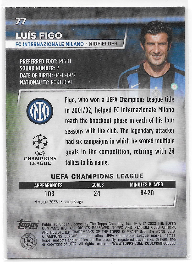 Luis Figo (FC Internazionale Milano) Blue Prism Refractor Topps Stadium Club Chrome 22-23