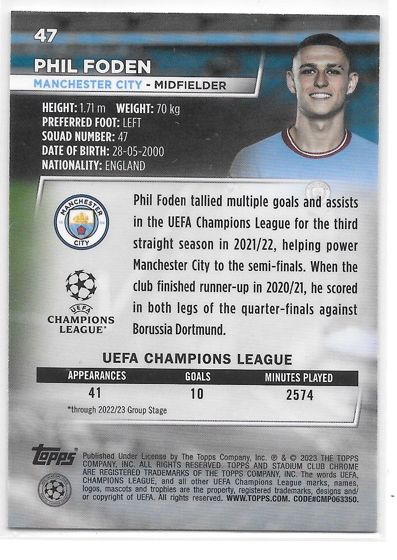 Phil Foden (Manchester City) Blue Prism Refractor Topps Stadium Club Chrome 22-23