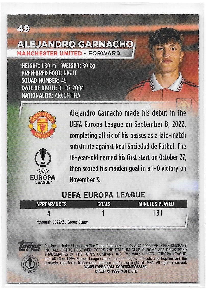 Alejandro Garnacho (Manchester United) Blue Prism Refractor RC Topps Stadium Club Chrome 22-23