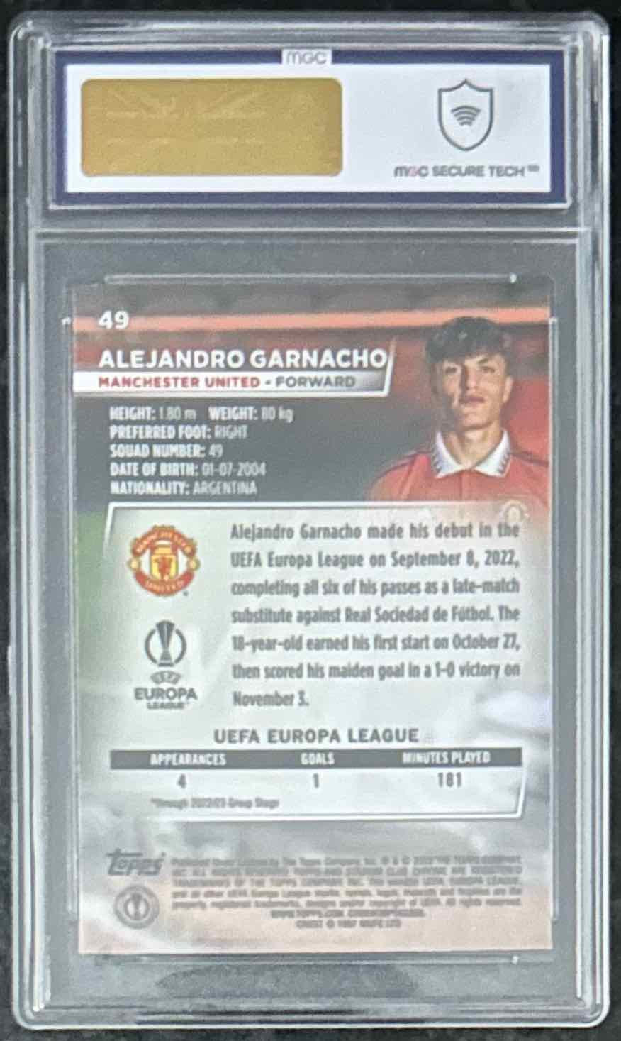 Alejandro Garnacho (Manchester United) Blue Prism RC Topps Stadium Club Chrome 22-23 MGC 10