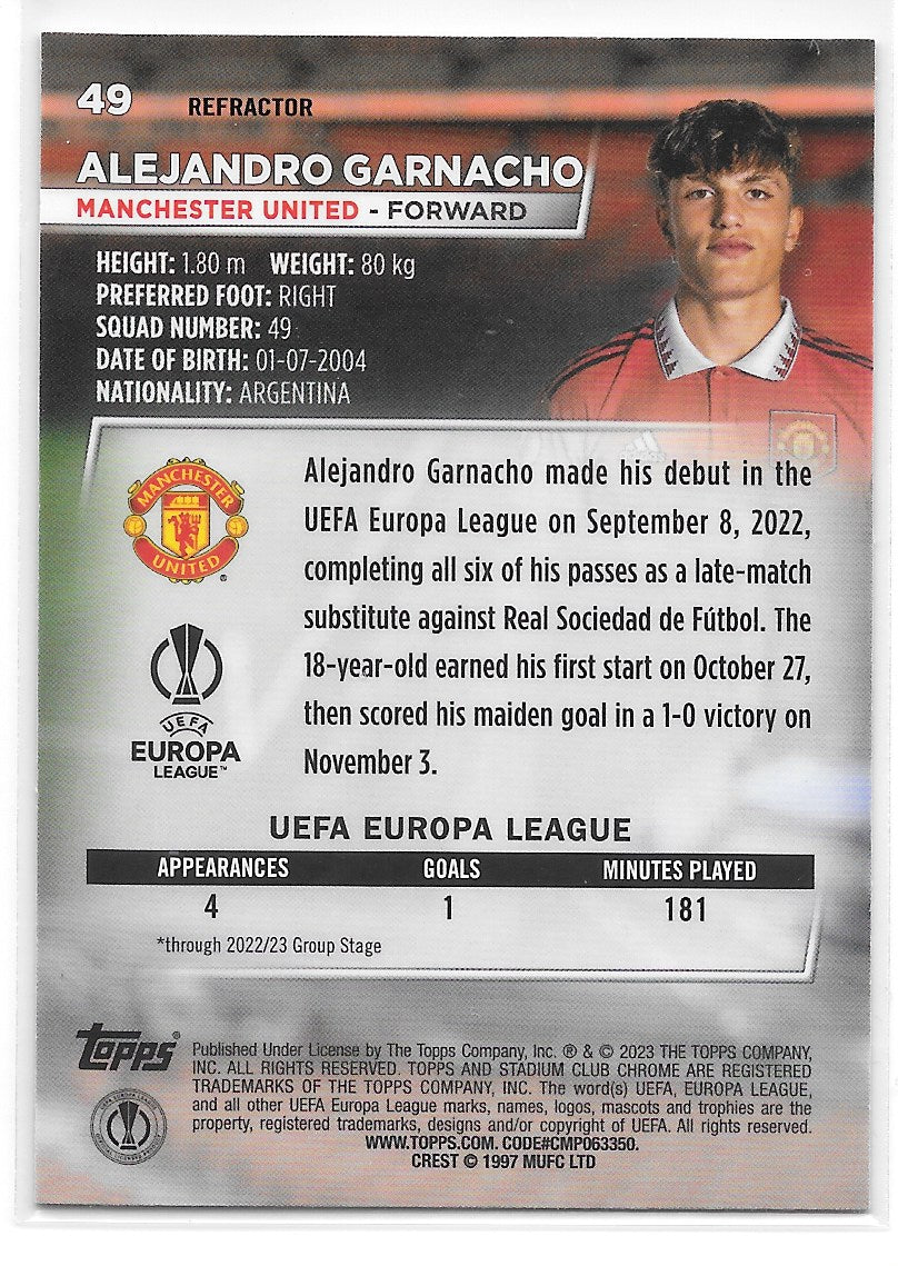 Alejandro Garnacho (Manchester United) Refractor RC Topps Stadium Club Chrome 22-23