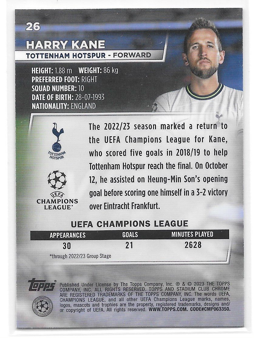 Harry Kane (Tottenham Hotspur) Blue Prism Refractor Topps Stadium Club Chrome 22-23