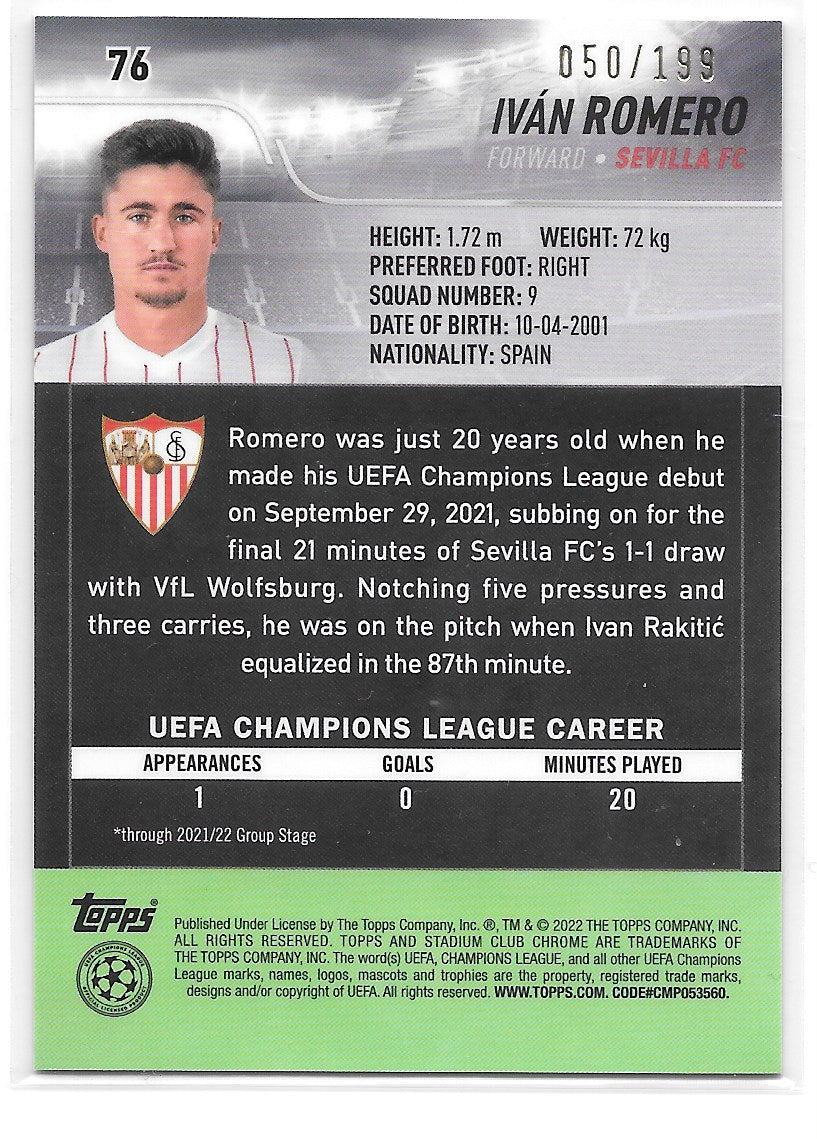 Ivan Romero (Sevilla FC) Aqua/Green Electric Charge /199 RC Topps Stadium Club Chrome 21-22