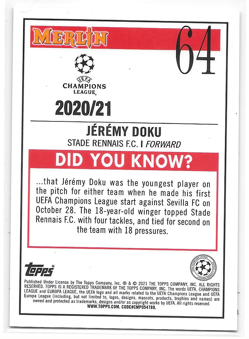 Jeremy Doku (Stade Rennais FC) Aqua Prism RC Topps Merlin Chrome 20-21