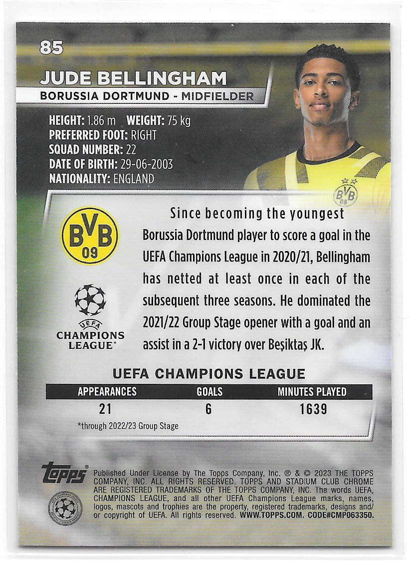 Jude Bellingham (Borussia Dortmund) Blue Prism Refractor Topps Stadium Club Chrome 22-23