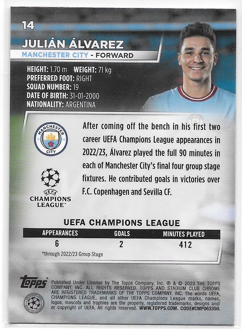 Julian Alvarez (Manchester City) Base RC Topps Stadium Club Chrome 22-23