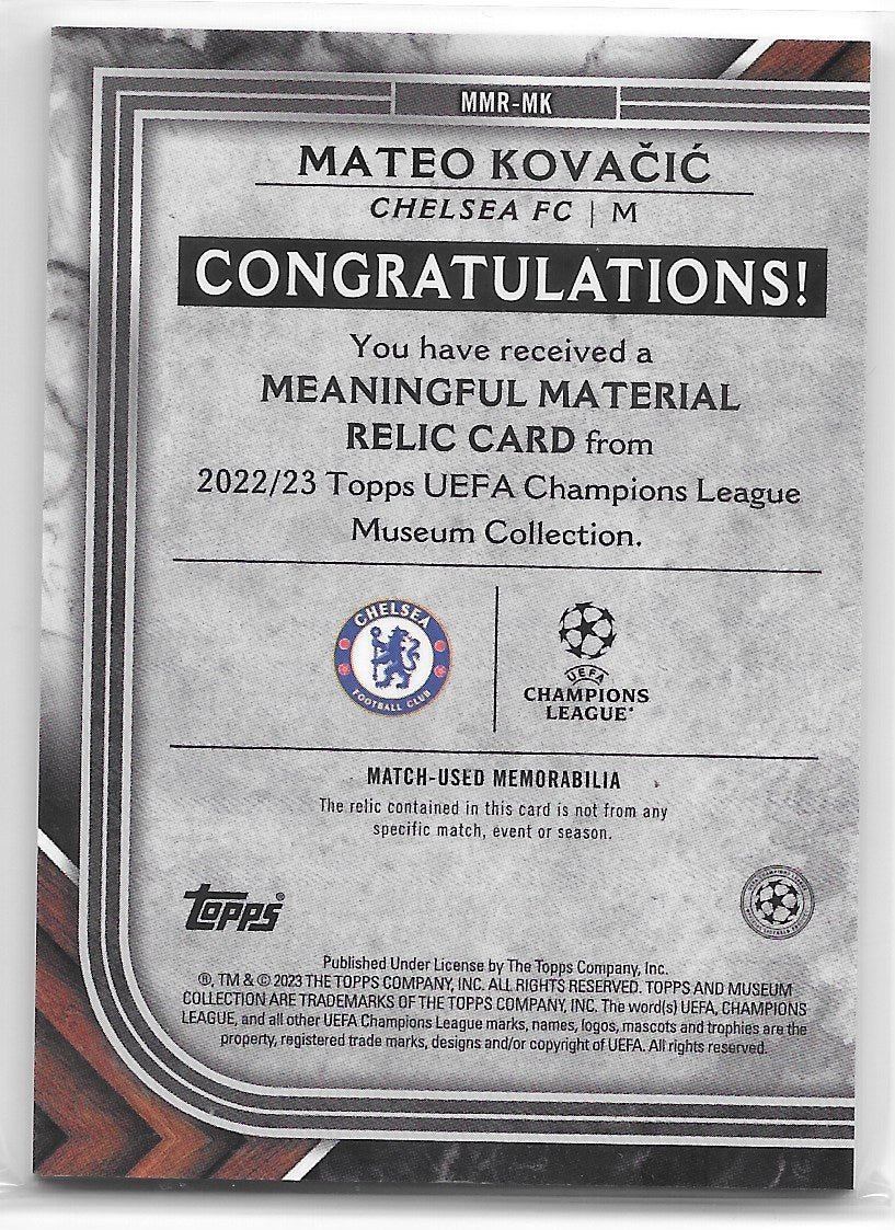 Mateo Kovacic (Chelsea FC) Meaningful Material Relic Sapphire /75 Topps Museum Collection UEFA CL 22-23