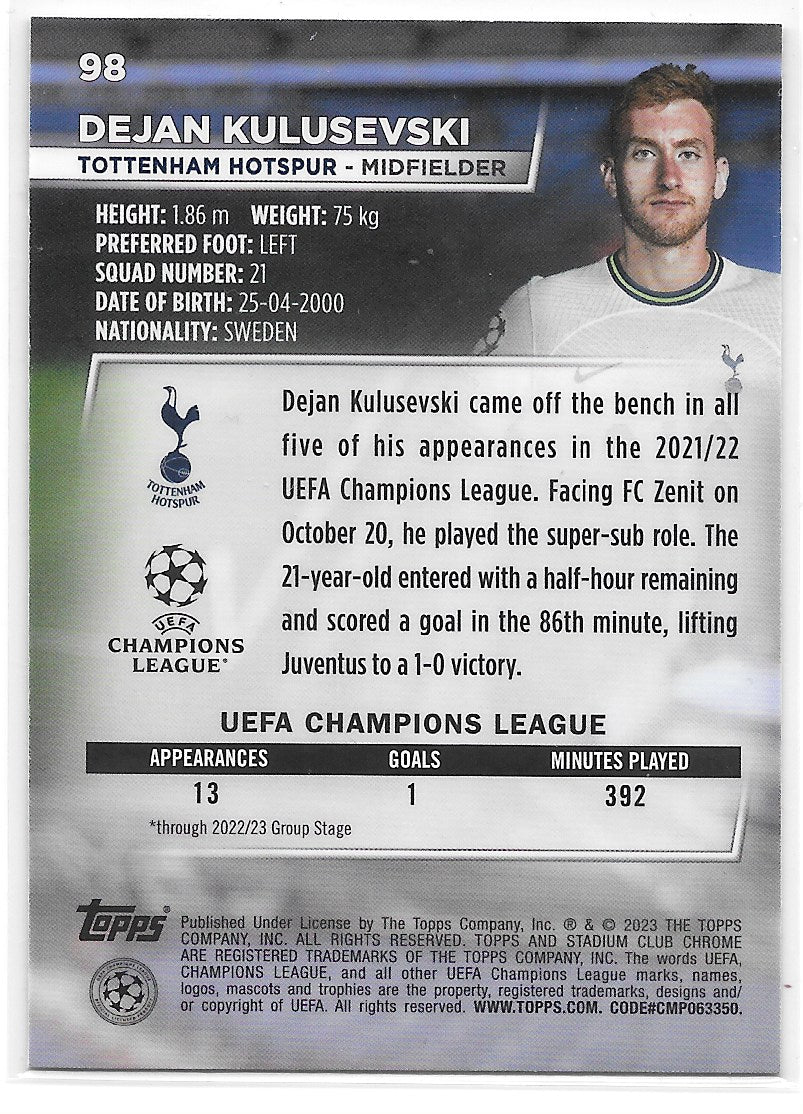 Dejan Kulusevski (Tottenham Hotspur) Blue Prism Refractor Topps Stadium Club Chrome 22-23