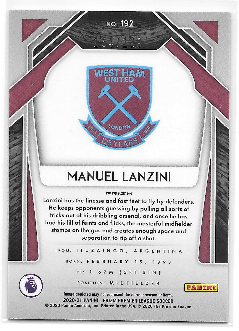 Manuel Lanzini (West Ham United) Blue Prizm /199 Panini Prizm Premier League 20-21