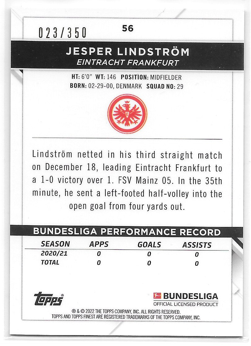 Jesper Lindstrom (Eintracht Frankfurt) Yellow Wave Refractor /350 RC Topps Finest Bundesliga 21-22