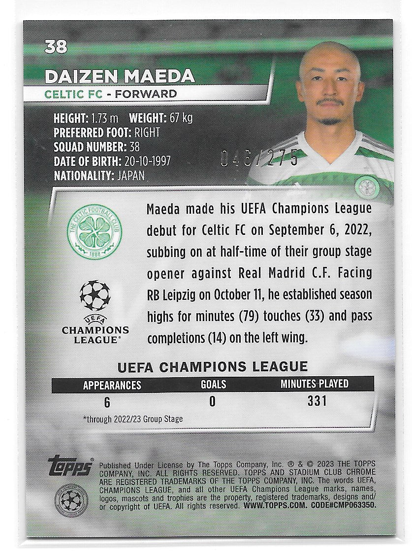 Daizen Maeda (Celtic FC) Aqua Wave Refractor /275 Topps Stadium Club Chrome 22-23