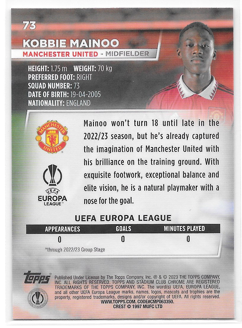 Kobbie Mainoo (Manchester United) Rookie Card Topps Stadium Club Chrome 22-23