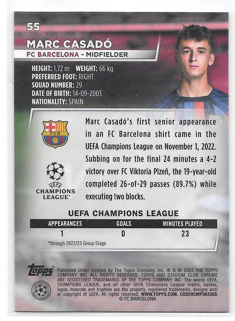 Marc Casado (FC Barcelona) Blue Prism Refractor RC Topps Stadium Club  Chrome 22-23