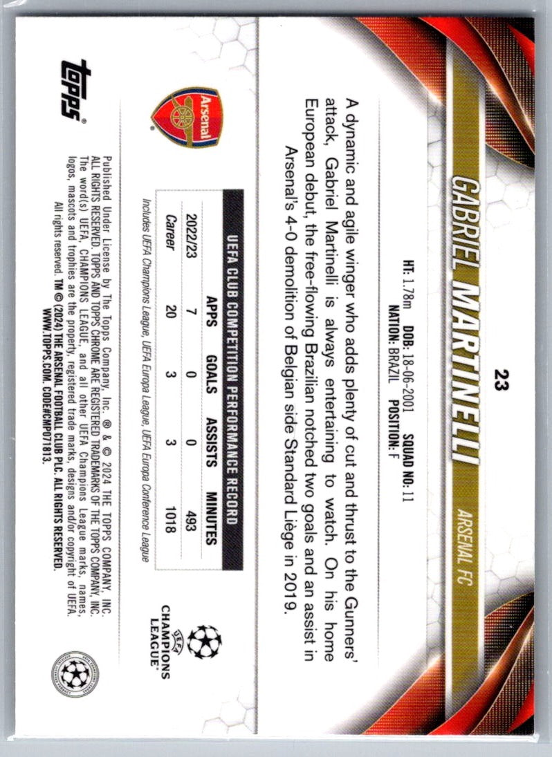 Gabriel Martinelli (Arsenal) Night Vision Ray Wave /225 Topps Chrome UCC 23-24