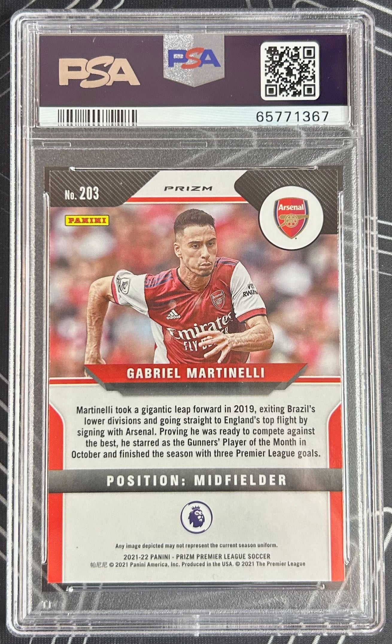 Gabriel Martinelli (Arsenal) Silver Prizm RC Panini Prizm Premier League 2021-22 PSA 10