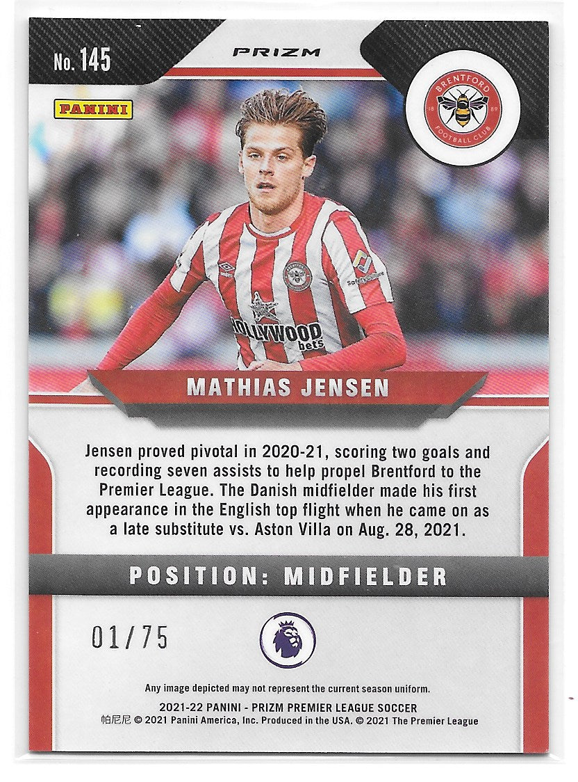 Mathias Jensen (Brentford FC) Blue Ice Prizm /75 RC Panini Prizm Premier League 21-22