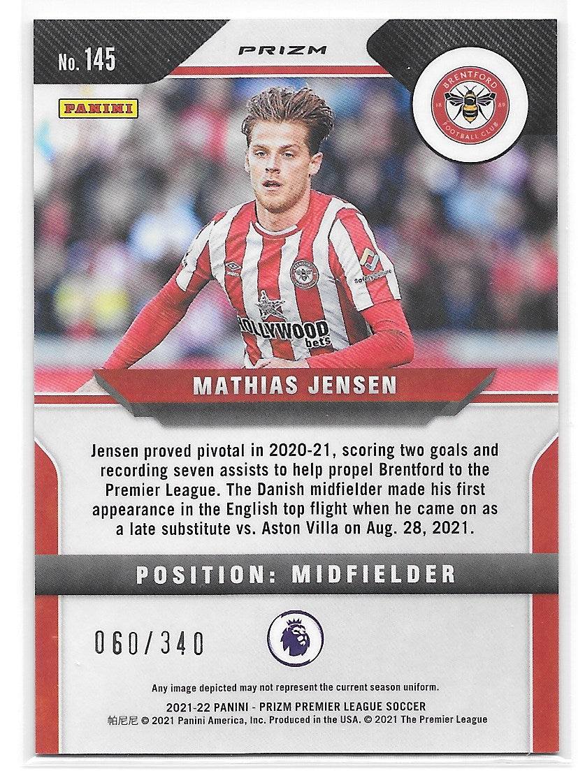 Mathias Jensen (Brentford FC) Blue Prizm /340 RC Panini Prizm Premier League 21-22